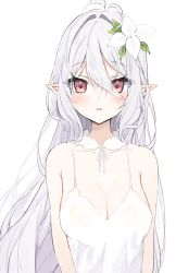 Rule 34 | 1girl, aged up, alternate breast size, alternate hair length, alternate hairstyle, antenna hair, bare shoulders, blush, breasts, cleavage, collarbone, commentary request, detached collar, dot nose, dress, elf, flower, fur collar, hair between eyes, hair flower, hair intakes, hair ornament, highres, kokkoro (princess connect!), long eyelashes, long hair, looking at viewer, medium breasts, neck ribbon, open mouth, pointy ears, princess connect!, red eyes, ribbon, simple background, sleeveless, sleeveless dress, smile, solo, upper body, white background, white dress, white flower, white hair, white ribbon, yupi (yuyupiko01)