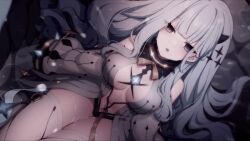 Rule 34 | 1girl, animated, animated gif, black wings, collar, eve (eversoul), eversoul, feathers, game cg, grey eyes, hair ornament, horns, long hair, non-web source, official art, open mouth, rain, sitting, water drop, white hair, wings