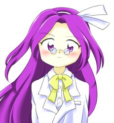 Rule 34 | 1girl, :|, asakura rikako, blush, bow, bowtie, buttons, closed mouth, coat, collared shirt, dress shirt, hairband, lab coat, long hair, looking at viewer, nonamejd, official style, purple eyes, purple hair, shirt, simple background, solo, straight-on, touhou, touhou (pc-98), very long hair, white background, white coat, white hairband, white shirt, yellow bow, yellow bowtie, zun (style)
