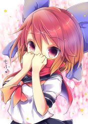 Rule 34 | 1girl, alternate costume, bow, cape, capelet, covered mouth, covering own mouth, gradient hair, hair bow, hair ribbon, highres, looking at viewer, md5 mismatch, multicolored eyes, multicolored hair, neckerchief, red eyes, red hair, ribbon, school uniform, sekibanki, serafuku, short hair, smile, solo, touhou, uniform, upper body, uta (kuroneko)