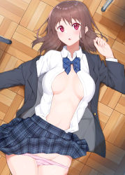 Rule 34 | 1girl, black jacket, blazer, blue bow, blue bowtie, blue skirt, blush, bow, bowtie, breasts, brown hair, commentary, diagonal stripes, dress shirt, from above, highres, jacket, large breasts, long sleeves, looking at viewer, lying, medium hair, miniskirt, no bra, on back, open clothes, open jacket, open mouth, original, panties, panty pull, partially unbuttoned, pink panties, plaid, plaid skirt, pleated skirt, purple eyes, raitho, school uniform, shirt, skirt, solo, striped bow, striped bowtie, striped clothes, striped neckwear, underwear, white shirt, wing collar, wooden floor