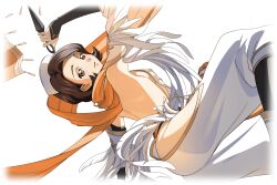 Rule 34 | 1girl, arm up, artist request, ass, back, backless outfit, breasts, brown eyes, brown hair, code geass, code geass: lost stories, detached sleeves, feather-trimmed sleeves, feather trim, female focus, flexible, from side, game cg, happy, harem pants, hat, hip vent, holding, holding weapon, jumping, kunai, layered sleeves, looking at viewer, medium breasts, ninja, non-web source, official art, open mouth, orange gemstone, orange scarf, pants, revealing clothes, scarf, shinozaki sayoko, short hair, sideboob, simple background, smile, solo, transparent background, weapon, white hat, white pants