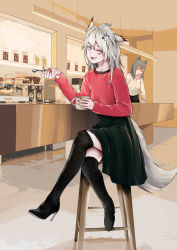 Rule 34 | 2girls, absurdres, alternate costume, animal ears, animal hair ornament, arknights, bar stool, black footwear, black skirt, boots, breasts, cafe, ceiling light, chinese commentary, cigarette, coffee grinder, coffee maker, commentary request, counter, crossed legs, cup, faceless, faceless female, fangs, full body, grey eyes, grey hair, hair ornament, hairclip, high-waist skirt, high heel boots, high heels, highres, holding, holding cup, holding spoon, lappland (arknights), long hair, long sleeves, looking at viewer, medium skirt, mug, multiple girls, nail polish, ogas22, open mouth, red nails, red sweater, scar, scar across eye, scar on face, shaded face, shirt, sitting, skirt, small breasts, smile, smoking, solo focus, spoon, stool, sweater, swept bangs, tail, texas (arknights), thigh boots, thighhighs, white shirt, wolf ears, wolf girl, wolf tail