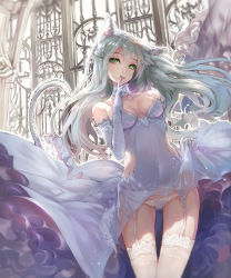 Rule 34 | 1girl, animal ears, bare shoulders, braid, breasts, cat ears, cat tail, choker, clothes lift, colored eyelashes, dress, dress lift, elbow gloves, finger to mouth, flower, garter belt, gloves, green eyes, kokage no shita, lily (flower), original, panties, revision, silver hair, solo, tail, thighhighs, underwear, wedding dress, white thighhighs