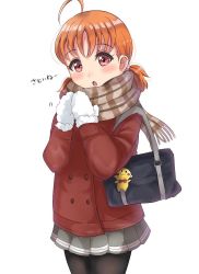 Rule 34 | 1girl, ahoge, bag, bag charm, black pantyhose, blush, brown hair, brown scarf, charm (object), coat, commentary request, fringe trim, fur-trimmed mittens, fur trim, grey skirt, head tilt, love live!, love live! sunshine!!, low twintails, mittens, pantyhose, parted lips, plaid, plaid scarf, pleated skirt, red coat, red eyes, scarf, school bag, simple background, sin (sin52y), skirt, solo, takami chika, twintails, white background, white mittens