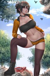 Rule 34 | 1girl, absurdres, bandeau, black bandeau, black choker, black eyes, black footwear, black hair, black thighhighs, blue sky, blurry, blurry background, boots, borrowed character, breasts, choker, cloud, cloudy sky, crab, foot out of frame, highres, huejinart, jacket, large breasts, long sleeves, looking at viewer, lucia (scott malin), micro shorts, navel, original, shadow, short hair, shorts, signature, sky, solo, strapless, thighhighs, tree, tube top, yellow jacket, yellow shorts