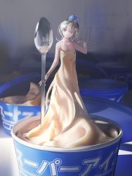 Rule 34 | 1girl, absurdres, bare arms, bare shoulders, blue headwear, commentary, cup, dress, grey eyes, grey hair, hand up, highres, holding, holding spoon, houtei9, ice cream cup, looking at viewer, mini person, minigirl, original, parted lips, personification, reflection, sidelighting, sleeveless, sleeveless dress, solo, spoon, standing, strapless, strapless dress, translated, white dress