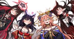 Rule 34 | 4girls, ahri (league of legends), animal ear fluff, animal ears, bare shoulders, bell, black hair, black kimono, blue archive, blue kimono, blush, breasts, brooch, brown hair, cleavage, collarbone, colored inner hair, dress, facial mark, fate/grand order, fate (series), floral print, fox ears, fox girl, hair ribbon, halo, heart, highres, imaizumi kagerou, japanese clothes, jewelry, kimono, korean clothes, kyuubi, large breasts, layer (layer illust), league of legends, long hair, long sleeves, looking at viewer, multicolored hair, multiple girls, nail polish, off-shoulder dress, off shoulder, one eye closed, open mouth, pink hair, print kimono, red eyes, red hair, ribbon, simple background, smile, tail, tamamo (fate), tamamo no mae (fate/extra), tamamo no mae (third ascension) (fate), tongue, touhou, trait connection, trembling, two-tone hair, very long hair, wakamo (blue archive), wavy mouth, whisker markings, white background, white dress, wolf ears, wolf girl, yellow eyes