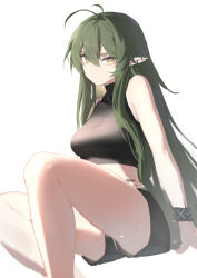 Rule 34 | 1girl, absurdres, arknights, bare shoulders, black shorts, breasts, bright pupils, crop top, gavial (arknights), green hair, hair between eyes, highres, infection monitor (arknights), long hair, looking at viewer, material growth, medium breasts, oripathy lesion (arknights), ozeu0916, pointy ears, shorts, sidelocks, simple background, sitting, slit pupils, solo, very long hair, white background, white pupils, yellow eyes