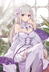 Rule 34 | 1girl, bare shoulders, blush, braid, breasts, cleavage, closed mouth, couch, crown braid, curtains, detached collar, detached sleeves, dress, elf, emilia (re:zero), feet out of frame, flower, frilled sleeves, frills, hair flower, hair ornament, highres, icomochi, indoors, leaf, long hair, long sleeves, looking at viewer, medium breasts, on couch, pointy ears, purple eyes, re:zero kara hajimeru isekai seikatsu, silver hair, sitting, smile, solo, straight hair, strapless, strapless dress, thighhighs, very long hair, white dress, white flower, white thighhighs, wide sleeves, window