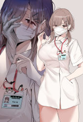 Rule 34 | 1girl, brown eyes, brown hair, dress, gloves, grey background, hair ornament, hair over one eye, hairclip, hand in pocket, highres, id card, lanyard, low tied hair, marushin (denwa0214), mask, mole, mole under eye, mouth mask, nurse, original, pen, putting on gloves, rubber gloves, short dress, squirt bottle, thighs, twintails, white dress, white gloves