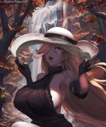Rule 34 | 1girl, armpits, autumn leaves, bare shoulders, blonde hair, borrowed character, breasts, cutesexyrobutts, elbow gloves, fangs, gloves, hair over one eye, hat, highres, large hat, lips, long hair, looking at viewer, original, red eyes, ribbed sweater, shadow, sideboob, sitting, solo, sweater, tree, vampire, very long hair, water, waterfall