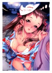 Rule 34 | 1girl, aerial fireworks, bare shoulders, blush, bra, breasts, brown eyes, brown hair, cleavage, downblouse, fireworks, fox mask, from above, hair ribbon, highres, japanese clothes, kimono, large breasts, lingerie, long hair, looking up, mask, nishieda, open mouth, original, panties, ribbon, solo, sweat, tears, twintails, underwear, undressing, white panties, yukata