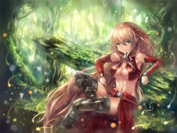 Rule 34 | 1girl, archer (fate), archer (fate) (cosplay), arisa (shadowverse), arm support, armpits, backlighting, bad id, bad pixiv id, bare arms, bare shoulders, black footwear, blonde hair, boots, breasts, closed mouth, cosplay, day, detached sleeves, fate (series), forest, green eyes, leg up, light particles, long hair, long sleeves, looking at viewer, medium breasts, nature, navel, open clothes, open vest, outdoors, plant, pointy ears, red vest, shadowverse, smile, solo, stomach, thigh boots, thighhighs, tree, underboob, very long hair, vest, waist cape, yahiro (heartseek000)