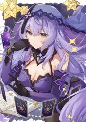 Rule 34 | 1girl, bare shoulders, black gloves, black swan (honkai: star rail), book, breasts, card, cleavage, commentary request, dress, elbow gloves, gloves, grey eyes, highres, honkai: star rail, honkai (series), large breasts, long hair, looking at viewer, purple dress, purple hair, shirase (shirose), sleeveless, sleeveless dress, smile, solo, veil, very long hair
