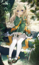 Rule 34 | 1girl, ahoge, berry, between legs, blonde hair, blush, bow, bowtie, bush, closed mouth, commentary, coria, dappled sunlight, dress, dress bow, floral print, footwear bow, full body, green bow, green bowtie, green dress, hair bow, hand between legs, hand on own chin, highres, leaf, legs together, light frown, looking at viewer, mary janes, orange dress, original, outdoors, pantyhose, plant, purple eyes, shoes, sitting, sitting on stairs, solo, stairs, sunlight, symbol-only commentary, tree, twintails, two-tone dress, white pantyhose