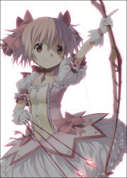Rule 34 | 10s, 1girl, arrow (projectile), bow (weapon), bubble skirt, choker, drawing bow, gloves, holding, holding bow (weapon), holding weapon, kaname madoka, magical girl, mahou shoujo madoka magica, mahou shoujo madoka magica (anime), mizuki makoto, pink hair, puffy sleeves, red eyes, skirt, smile, solo, weapon