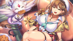 1girl :3 aqua_neckerchief atelier_(series) atelier_ryza atelier_ryza_2 beret breasts brown_eyes brown_hair cleavage closed_eyes collarbone collared_shirt commentary_request cookie eating fi_(atelier) food forehead_jewel gloves hat highres holding holding_cookie holding_food jewelry key key_necklace large_breasts neckerchief necklace open_mouth partially_fingerless_gloves red_shorts reisalin_stout shirt short_hair shorts single_glove sitting sleeveless sleeveless_shirt smile star_(symbol) star_necklace teeth thick_thighs thigh_strap thighs upper_teeth_only white_hat white_shirt yui_sora