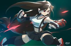 Rule 34 | 1girl, artist name, bare shoulders, black bra, black gloves, black hair, black skirt, black thighhighs, bra, breasts, clenched hand, crop top, dinsai studio, earrings, elbow gloves, elbow pads, feet out of frame, fighting stance, final fantasy, final fantasy vii, final fantasy vii remake, fingerless gloves, gloves, hair tie, jewelry, large breasts, long hair, looking to the side, low-tied long hair, midriff, miniskirt, pleated skirt, red eyes, red footwear, shirt, skirt, sleeveless, sleeveless shirt, solo, sports bra, suspenders, thighhighs, tifa lockhart, underwear, white shirt