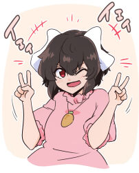 Rule 34 | +++, 1girl, ;d, animal ears, black hair, border, commentary request, cropped torso, double v, dress, flat chest, floppy ears, inaba tewi, looking at viewer, medium hair, motion lines, one eye closed, open mouth, outline, pink background, pink dress, puffy short sleeves, puffy sleeves, rabbit ears, red eyes, shio (futatsumami), short sleeves, simple background, smile, solo, touhou, upper body, v, v-shaped eyebrows, white border, white outline