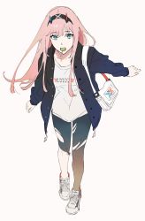 Rule 34 | 1girl, absurdres, bag, blue eyes, candy, casual, darling in the franxx, eyeshadow, food, full body, hairband, highres, horns, jacket, lollipop, long hair, looking at viewer, makeup, mouth hold, open clothes, open jacket, pantyhose, pink hair, purple jacket, sankomichi, shirt, shoes, shoulder bag, simple background, solo, torn clothes, torn pantyhose, white background, white footwear, white shirt, zero two (darling in the franxx)