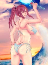 Rule 34 | 1girl, absurdres, akira (yuibnm71), ass, bikini, breasts, erza scarlet, fairy tail, highres, large breasts, long hair, ocean, ponytail, red eyes, red hair, solo, sunset, swimsuit, sword, weapon