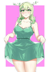 Rule 34 | 1girl, antlers, breasts, ceres fauna, clothes lift, dress, dress lift, green dress, green eyes, green hair, highres, hololive, hololive english, horns, large breasts, lifted by self, long hair, looking at viewer, mole, mole under eye, self-upload, smile, solo, virtual youtuber, yomone