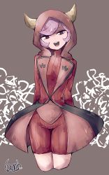Rule 34 | 1girl, breasts, courtney (pokemon), courtney (pokemon oras), creatures (company), cropped legs, fake horns, game freak, half-closed eyes, hood, horn ornament, horns, lamb-oic029, long sleeves, looking at viewer, nintendo, open mouth, pokemon, pokemon oras, purple hair, red sweater, ribbed sweater, short hair, solo, sweater, turtleneck, turtleneck sweater, uniform