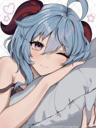 Rule 34 | 1girl, ahoge, artist name, bare shoulders, black bra, blue hair, bra, closed mouth, commentary, ganyu (genshin impact), genshin impact, goat horns, grid background, hair between eyes, heart, highres, horns, long hair, looking at viewer, official alternate costume, one eye closed, pillow, purple eyes, smile, solo, star (symbol), twitter username, underwear, upper body, vickie (cryingrobot), white background