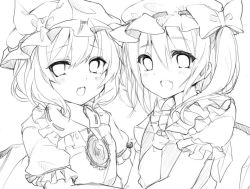 Rule 34 | 2girls, :d, ascot, bad id, bad twitter id, blush, bow, brooch, commentary request, fang, flandre scarlet, greyscale, hair between eyes, hat, hat bow, jewelry, karasusou nano, looking at viewer, mob cap, monochrome, multiple girls, open mouth, remilia scarlet, short hair, short sleeves, side ponytail, simple background, smile, touhou, unfinished, upper body, white background, wings