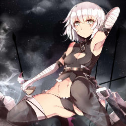 Rule 34 | 1girl, armpits, bandaged arm, bandages, bare shoulders, black panties, black thighhighs, breasts, fate/apocrypha, fate/grand order, fate (series), gloves, green eyes, grey hair, jack the ripper (fate/apocrypha), kneeling, knife, kyuu (plastic night q), navel, panties, scar, short hair, small breasts, solo, thighhighs, underwear, weapon