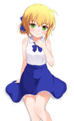 Rule 34 | 1girl, absurdres, aged down, ahoge, armpit crease, artoria pendragon (all), artoria pendragon (fate), bad id, bad pixiv id, bare legs, bare shoulders, blonde hair, blue bow, blue bowtie, blue ribbon, blue skirt, blush, bow, bowtie, breasts, closed mouth, collared shirt, commentary request, fate/stay night, fate (series), frilled ribbon, frills, green eyes, hair ribbon, hand up, head tilt, highres, kimura matsuri, ribbon, saber (fate), shirt, shirt tucked in, short hair, sidelocks, simple background, skirt, sleeveless, sleeveless shirt, solo, thighs, white background, white shirt