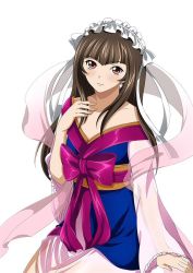 Rule 34 | 00s, 1girl, brown eyes, brown hair, chinese clothes, collarbone, dress, earrings, female focus, ikkitousen, jewelry, long hair, looking at viewer, magatama, magatama earrings, maid headdress, ribbon, see-through, simple background, smile, solo, ten&#039;i (ikkitousen), white background, white ribbon