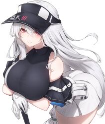 Rule 34 | 1girl, absurdly long hair, absurdres, alternate costume, arknights, bag, bare shoulders, belt pouch, black shirt, breasts, commentary, commentary request, covered collarbone, cowboy shot, gloves, golf, hair between eyes, highres, large breasts, leaning forward, long hair, looking at viewer, pouch, red eyes, rikuguma, shirt, sidelocks, skadi (arknights), skirt, smile, solo, sportswear, taut clothes, tight clothes, very long hair, visor cap, white background, white gloves, white hair, white skirt