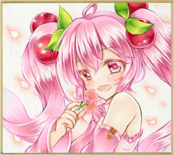 Rule 34 | 1girl, ahoge, bare shoulders, blush, cherry hair ornament, commentary, detached sleeves, flower, food-themed hair ornament, graphite (medium), hair between eyes, hair ornament, hatsune miku, highres, holding, holding flower, long hair, looking at viewer, marker (medium), necktie, nekofish666, open mouth, petals, pink eyes, pink hair, pink necktie, pink shirt, portrait, sakura miku, shirt, sidelocks, solo, traditional media, twintails, vocaloid
