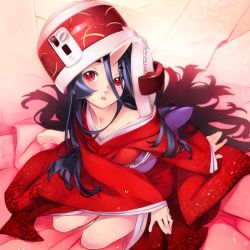 Rule 34 | 1girl, black hair, breasts, cleavage, commentary request, from above, hachikatsugi-hime, horns, japanese clothes, kimono, long hair, medium breasts, nishieda, on head, original, red eyes, red kimono, rice cooker, single horn, sitting, skin-covered horns, solo, yokozuwari