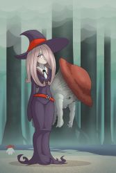 Rule 34 | 10s, 1girl, covered navel, dark souls (series), dark souls i, hat, highres, impossible clothes, limebreaker, little witch academia, mushroom child, mushroom parent, one eye covered, smile, sucy manbavaran, tree, witch hat