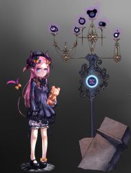 Rule 34 | 10s, 1girl, abigail williams (fate), abigail williams (fate) (cosplay), black bow, black dress, black footwear, black hat, bloomers, blue eyes, blush, bow, bug, butterfly, closed mouth, cosplay, curled horns, dragon girl, dragon horns, dragon tail, dress, elizabeth bathory (fate), elizabeth bathory (fate/extra ccc), fate/extra, fate/extra ccc, fate/grand order, fate (series), grey background, hair bow, hat, horns, hugging object, insect, long hair, long sleeves, looking at viewer, mary janes, orange bow, parted bangs, pigeon-toed, pink hair, pointy ears, polka dot, polka dot bow, romaji text, shoes, sleeves past fingers, sleeves past wrists, solo, standing, stuffed animal, stuffed toy, tail, teddy bear, underwear, very long hair, white bloomers, zhi fubenyi