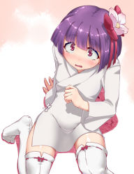 Rule 34 | 1girl, arm support, aya shachou, blush, constricted pupils, female focus, flower, from above, hair flower, hair ornament, hieda no akyuu, japanese clothes, kimono, looking up, no shoes, purple hair, red eyes, scared, short hair, short kimono, sitting, solo, sweatdrop, tabi, thighhighs, touhou, white thighhighs, zettai ryouiki