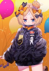 Rule 34 | 1girl, abigail williams (fate), abigail williams (traveling outfit) (fate), absurdres, balloon, bandaid, bandaid on face, bandaid on forehead, belt, black bow, black jacket, blonde hair, blue eyes, blush, bow, crossed bandaids, crossover, fate/grand order, fate (series), forehead, gradient background, hair bow, hair bun, heroic spirit traveling outfit, high collar, highres, jacket, kawachi rin, long hair, looking at viewer, multiple hair bows, official alternate costume, orange background, orange bow, parted bangs, poptepipic, single hair bun, sleeves past wrists, solo, sparkle, thighs