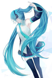 Rule 34 | 1girl, arm up, armpits, belt, blue hair, collared shirt, detached sleeves, hair ornament, hand in own hair, hatsune miku, headphones, headset, highres, holding, holding own hair, long hair, long sleeves, looking away, looking back, necktie, parted lips, pleated skirt, profile, shion (reira), shirt, skirt, sleeveless, sleeveless shirt, solo, thighhighs, tie clip, twintails, very long hair, vocaloid