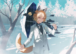 Rule 34 | 1boy, animal ears, bare tree, black shirt, blonde hair, bow, bowtie, cherry blossoms, cloud, diamond (shape), formal, fox boy, fox ears, fox tail, full moon, jacket, male focus, messy hair, moon, open mouth, original, outdoors, pants, red eyes, shirt, snow, solo, suit, suit jacket, tail, three-piece suit, tree, tsurime, umbrella, umbrella over shoulder, vest, wakuseiy, white bow, white bowtie, white pants, white suit