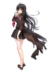 Rule 34 | 1girl, bandaged leg, bandages, black hair, black serafuku, breasts, full body, iris yuma, jacket, loafers, long hair, looking at viewer, necktie, non-web source, official style, red eyes, red necktie, school uniform, serafuku, shoes, skirt, smile, solo, soulworker, torn clothes
