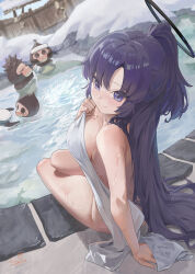 Rule 34 | 1girl, absurdres, blue archive, breasts, closed mouth, from behind, highres, holding, holding towel, large breasts, long hair, looking at viewer, m.q (mqkyrie), monkey, naked towel, onsen, outdoors, purple eyes, purple hair, sitting, smile, snow, solo focus, thighs, towel, very long hair, water, wet, yuuka (blue archive)