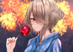 Rule 34 | 1girl, absurdres, alternate eye color, blue kimono, blurry, blurry background, brown hair, candy apple, closed mouth, fireworks, food, hair bun, hair over one eye, highres, holding, holding food, honkai (series), honkai impact 3rd, japanese clothes, kimono, long bangs, long sleeves, looking at viewer, match (scp115), mole, mole under eye, night, night sky, outdoors, red eyes, rita rossweisse, short hair, single hair bun, sky, smile, solo, summer festival, upper body, yukata