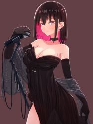 Rule 34 | 1girl, azki (hololive), bare shoulders, black hair, blush, breasts, brown background, cleavage, collarbone, dress, earrings, gloves, highres, hololive, jewelry, large breasts, loeldrive, looking at viewer, microphone, multicolored hair, necklace, off-shoulder dress, off shoulder, see-through shawl, shawl, simple background, solo, virtual youtuber