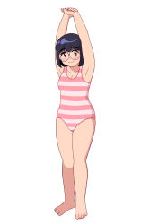 Rule 34 | 1girl, aragon honnin, arms up, barefoot, black-framed eyewear, black hair, blue eyes, blush, bob cut, breasts, cleavage, closed mouth, collarbone, full body, glasses, highres, looking at viewer, multicolored clothes, multicolored swimsuit, one-piece swimsuit, original, pink one-piece swimsuit, short hair, simple background, small breasts, smile, solo, striped clothes, striped one-piece swimsuit, swimsuit, white background, white one-piece swimsuit