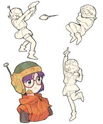 Rule 34 | 1girl, absurdres, belt, bike shorts, blue eyes, blush stickers, chrono trigger, closed mouth, gan2, glasses, gun, helmet, highres, lucca ashtear, monochrome, open mouth, purple hair, scarf, short hair, simple background, skirt, smile, solo, weapon, white background