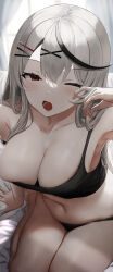 Rule 34 | 1girl, ;o, absurdres, bad id, bad twitter id, bed sheet, black camisole, black panties, blush, breasts, camisole, cleavage, grey hair, hair ornament, hairclip, highres, hololive, large breasts, long hair, multicolored hair, navel, one eye closed, open mouth, panties, ponnu (nikeytina), red eyes, sakamata chloe, sitting, solo, stomach, strap slip, streaked hair, tears, teeth, thighs, underwear, virtual youtuber, waking up, x hair ornament, yawning