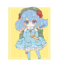 Rule 34 | 1girl, blue dress, blue eyes, blue hair, boots, chibi, commentary request, cucumber, dress, full body, hair bobbles, hair ornament, kawashiro nitori, long hair, pocket, smile, solo, standing, touhou, two side up, yaco (nuitnotte)